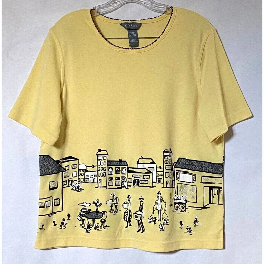 Koret Top Tee Women Large Yellow Multi Embellished Rhinestones Shopping Scenes - Picture 1 of 12